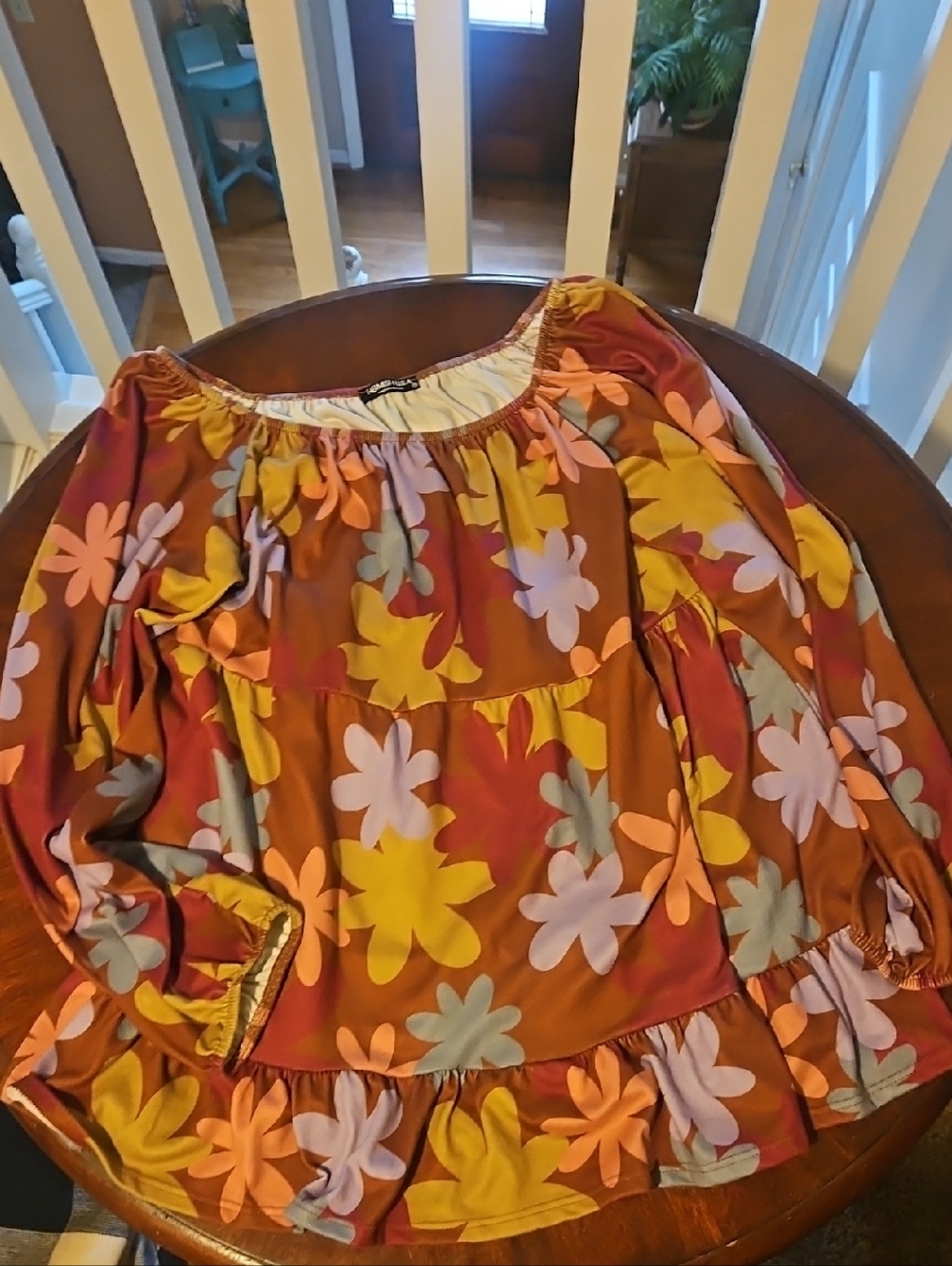 HEIMISH USA Rust Floral Peasant Blouse with Yellow, Pink & Blue Flowers